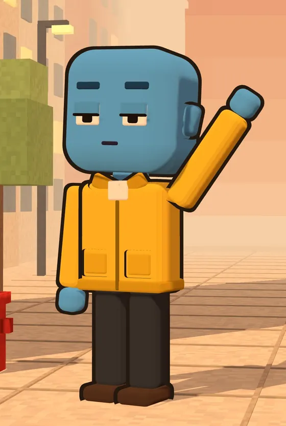 The blue block hero in a yellow work jacket, waving